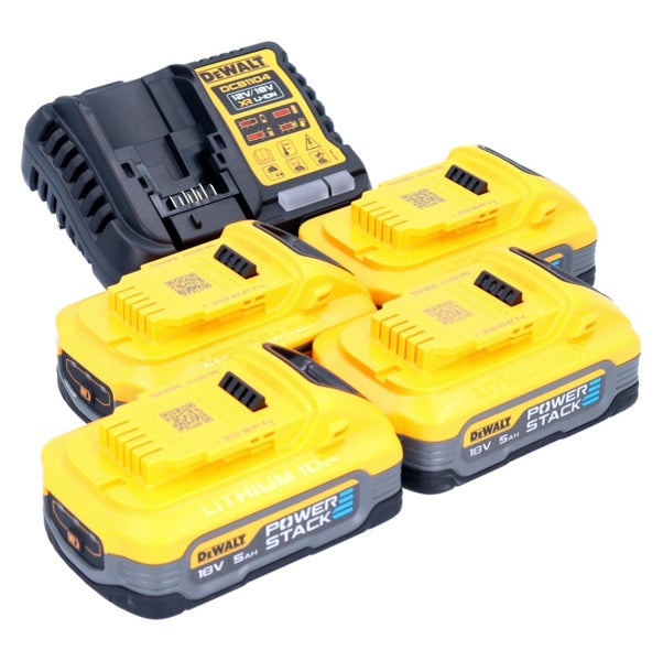 DeWalt Ladegerät DCB1104 mit vier gelben Powerstack Lithium-Ionen-Akkus 18 Volt 5 Amperestunden.