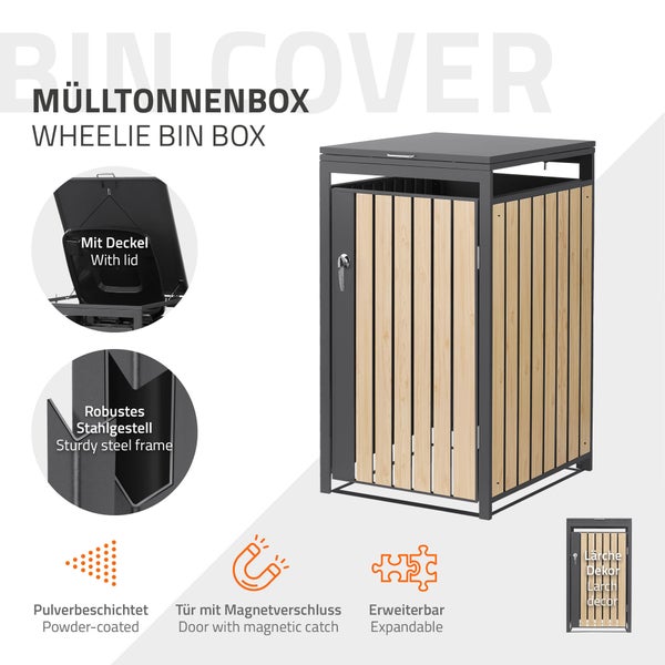 Mülltonnenbox mit Stahlgestell, Holzlatten in Lärchen-Dekor, Deckel, Tür mit Magnetverschluss, pulverbeschichtet und erweiterbar.