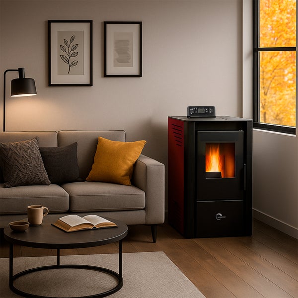 Gemütliches Wohnzimmer mit Pelletofen, Sofa und Couchtisch