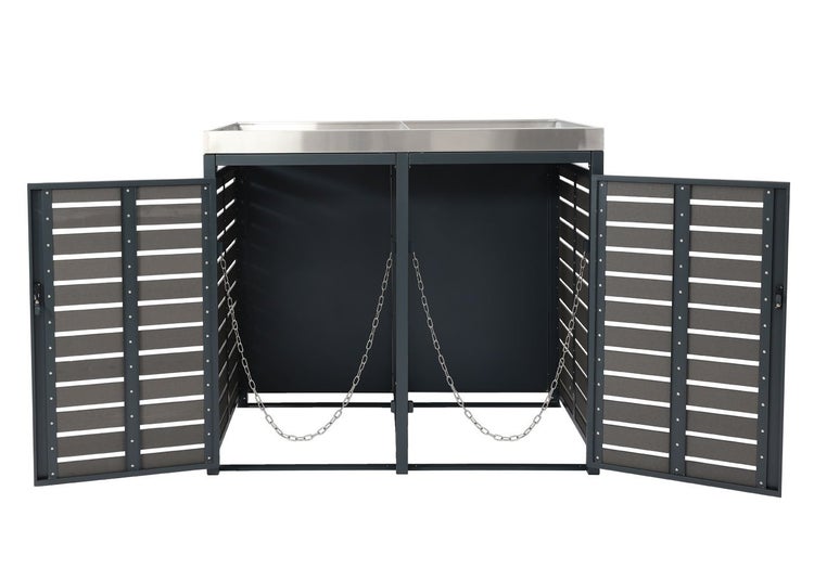 Doppel-Mülltonnenbox mit zwei geöffneten Türen und Ketten