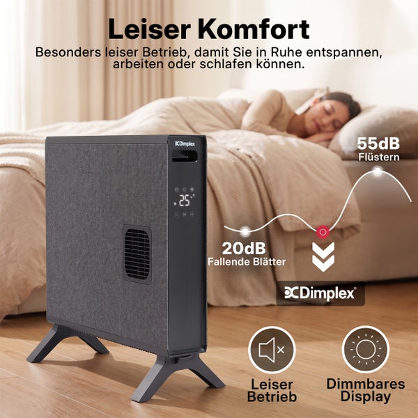 Dimplex Konvektor im Schlafzimmer mit leiser Betriebsweise und dimmbarem Display zur Temperaturregelung.
