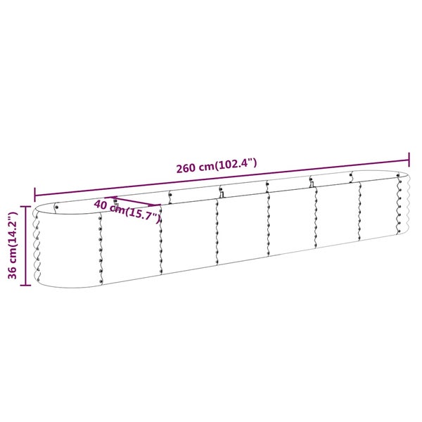Hochbeet, oval, Maße: Länge 260 Zentimeter, Breite 40 Zentimeter, Höhe 36 Zentimeter.