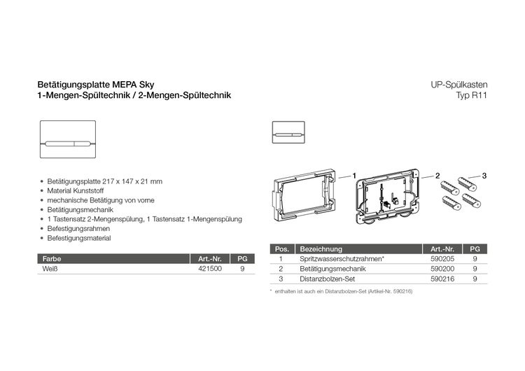 Technische Zeichnung der Betätigungsplatte MEPA Sky für Unterputz-Spülkasten Typ R11 mit Einzelteilen wie Spritzwasserschutzrahmen und Montagematerial.