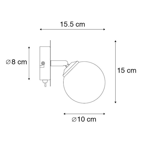 Technische Zeichnung Wandleuchte: Tiefe 15,5 Zentimeter, Höhe 15 Zentimeter, Halterung Durchmesser 8 Zentimeter, Kugel Durchmesser 10 Zentimeter.