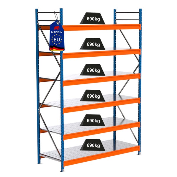 Lagerregal mit sechs Ebenen und einer Traglast von 690 Kilogramm pro Ebene, Hergestellt in der EU