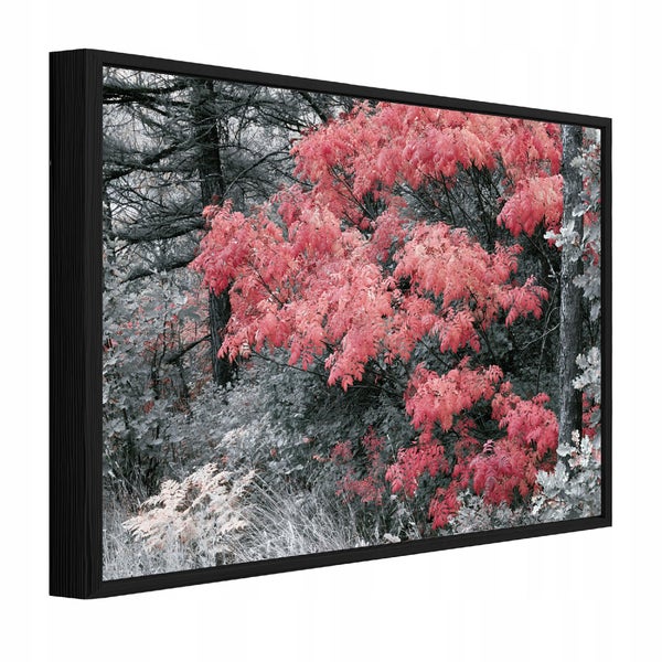 Wandbild mit Waldmotiv in Schwarz und Weiß mit hervorgehobenen roten Blättern in einem schwarzen Rahmen in perspektivischer Ansicht