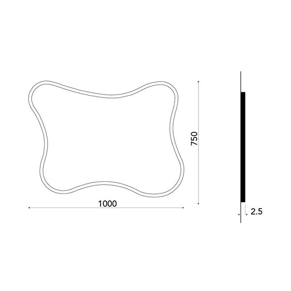 Maßzeichnung eines wellenförmigen Spiegels, Breite 1000 Millimeter, Höhe 750 Millimeter, Tiefe 2,5 Millimeter.