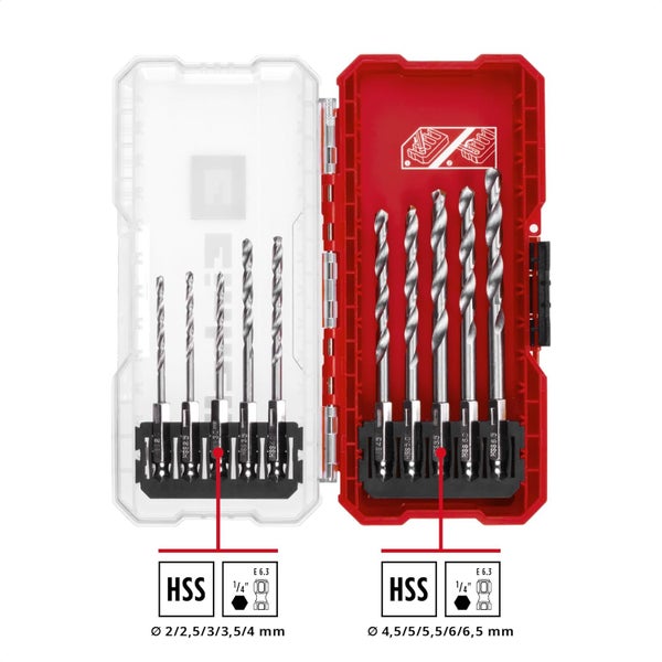 Original Einhell S-CASE 10-tlg. Metallbohrer-Set (aus HSS 4241 Stahl, E 6.3 Schaft, 135°-Split-Point-Spitze, rollgewalzte Typ N Spirale inkl. Aufbewahrungsbox)