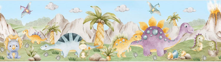 Tapetenbordüre mit verschiedenen Dinosauriern, Vulkanen und Palmen in einer prähistorischen Landschaft im Aquarellstil.
