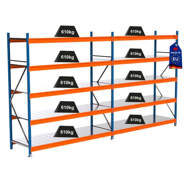 Schwerlastregal mit vier Ebenen und einer Traglast von 610 Kilogramm pro Ebene