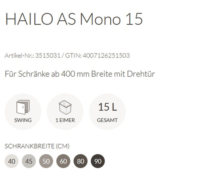 Hailo AS Mono 15 Einbauabfallsammler für Drehtürschränke ab 400 Millimeter Breite mit 15 Liter Fassungsvermögen.