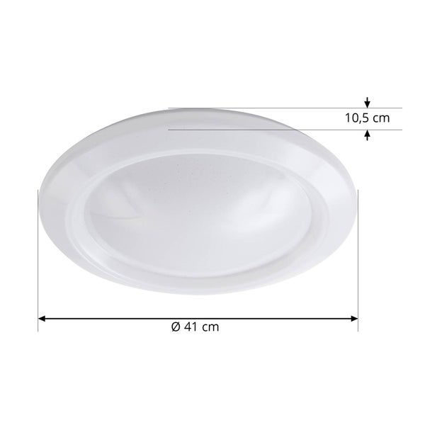 Runde Deckenleuchte in Weiß mit einem Durchmesser von 41 Zentimetern und einer Höhe von 10,5 Zentimetern.