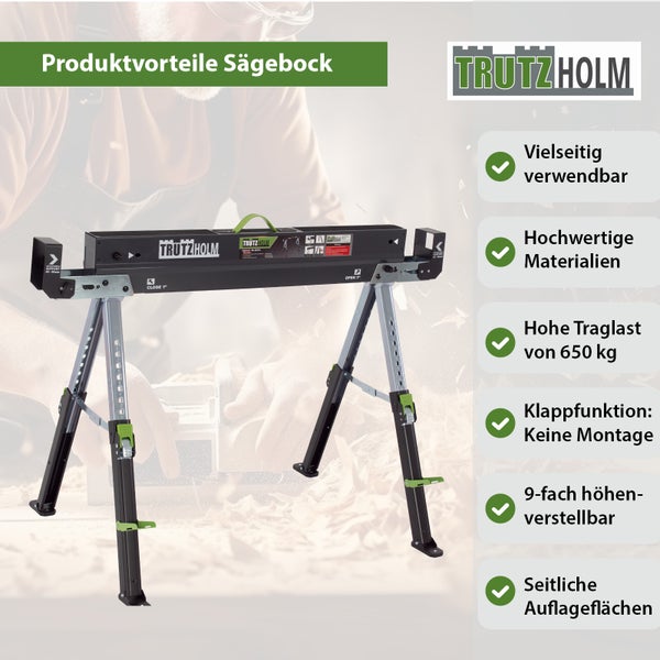 Trutzholm Sägebock mit Klappfunktion, hoher Traglast und neunfach Höhenverstellung