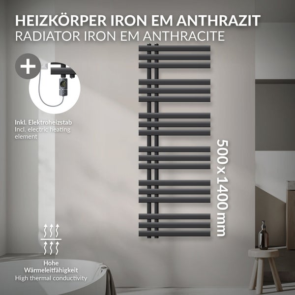 LuxeBath Elektrischer Badheizkörper Iron EM 500x1400mm Anthrazit + Heizstab 900W Thermostat Digitalanzeige, Handtuchheizkörper mit Heizpatrone, Elektro Handtuchwärmer Paneelheizkörper Designheizkörper