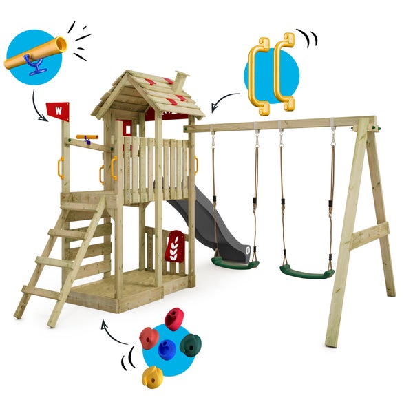 WICKEY Spielturm Klettergerüst FarmFlyer mit Schaukel und Rutsche, Kletterturm mit Sandkasten, Leiter und Spiel-Zubehör - anthrazit