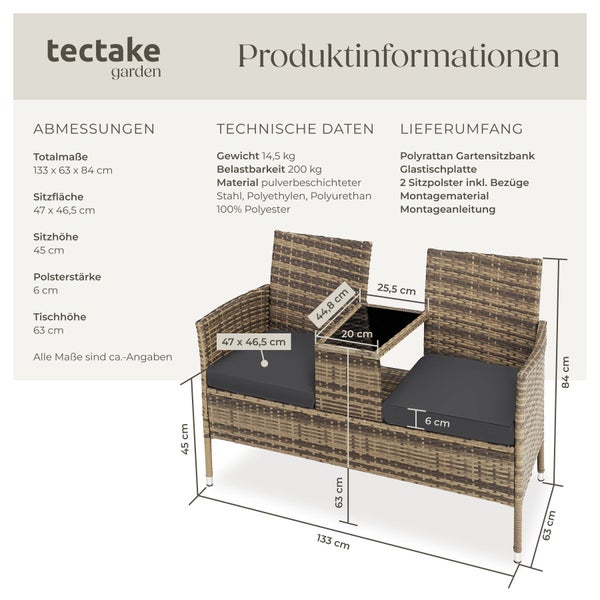 Produktinformationen zur tectake Polyrattan-Gartenbank mit integriertem Tisch: Maße, technische Daten und Lieferumfang im Überblick.