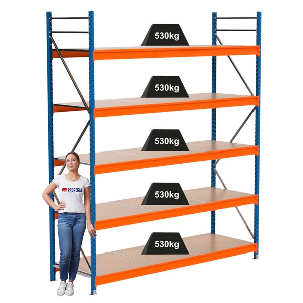 Regal mit fünf Ebenen und einer Traglast von 530 Kilogramm pro Ebene.