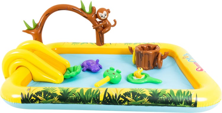 Aufblasbares Planschbecken im Dschungeldesign mit Rutsche, Affe, Spieltieren und aufblasbarem Baumstumpf für Kinder.