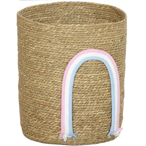 Geflochtener Aufbewahrungskorb aus Seegras mit Regenbogen-Applikation.
