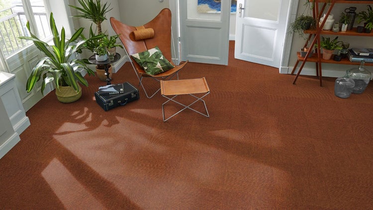 Helles Wohnzimmer mit strukturierten Teppichfliesen, Butterfly-Sessel aus Leder, Zimmerpflanzen und einem Holzregal.