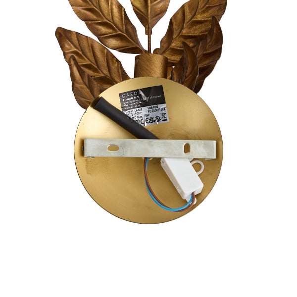 Rückansicht einer goldfarbenen Wandleuchte in Blattform mit Montageplatte, Halterung und elektrischen Kabeln.
