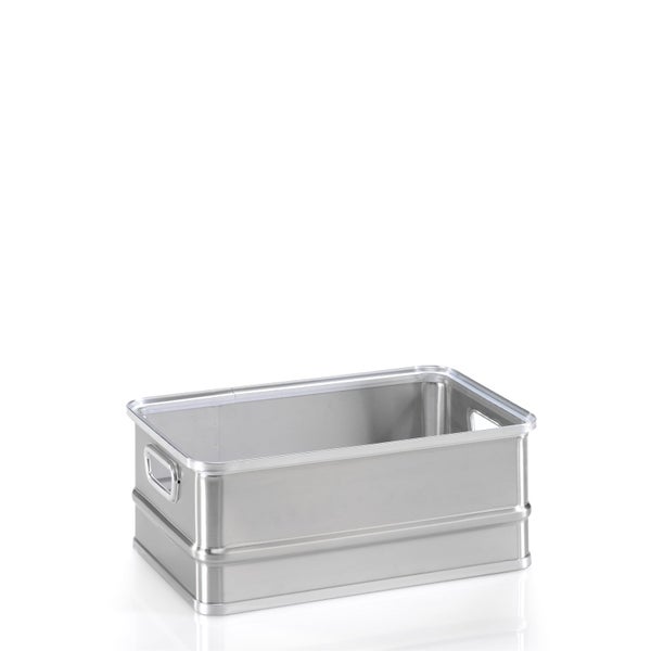Aluminiumbox ohne Deckel, rechteckig, mit seitlichen Tragegriffen für Transport und Lagerung.