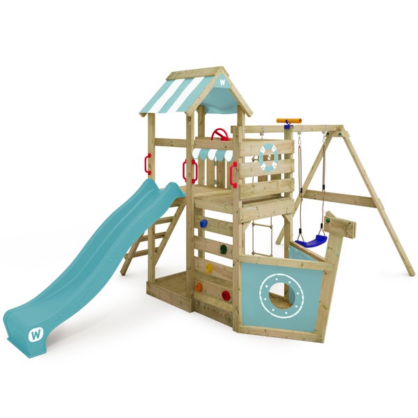 WICKEY Spielturm Klettergerüst SeaFlyer mit Schaukel und Rutsche, Baumhaus mit Sandkasten, Kletterleiter und Spiel-Zubehör – pastellblau