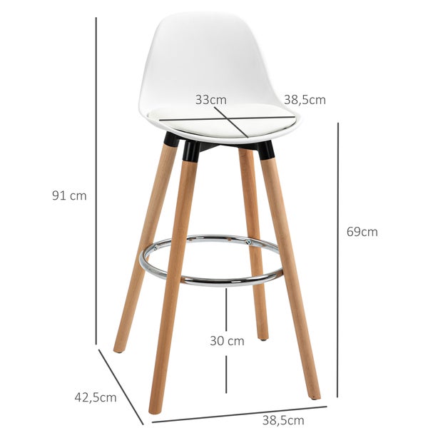 HOMCOM Barhocker 2er Set, Gepolstert Barstuhl mit Holzbeine und Rückenlehne, Küchenstühle mit Fußstütze aus Stahl, Tresenhocker für Küche, Wohnzimmer, Esszimmer, Kunstleder, Weiß