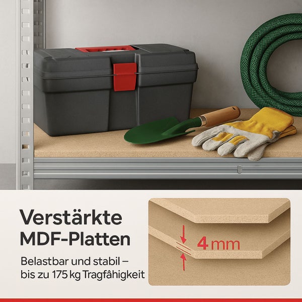 Regal mit Werkzeugkasten, Gartenschaufel, Arbeitshandschuhen und Gartenschlauch auf verstärkten MDF-Platten