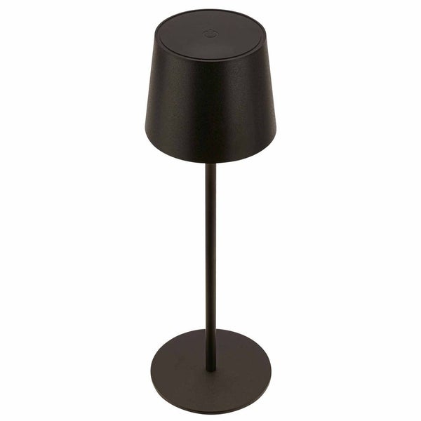 Schwarze Tischleuchte mit konischem Schirm und rundem Standfuß.