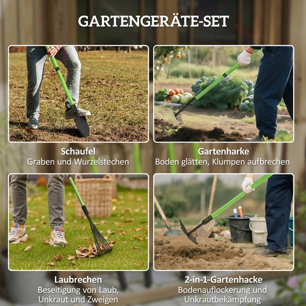 Gartengeräte Set bestehend aus Schaufel, Gartenharke, Laubrechen und 2-in-1-Gartenhacke