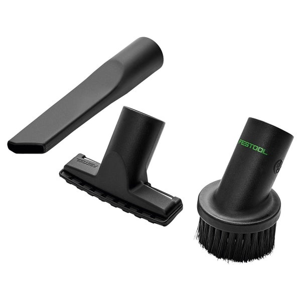 Festool Staubsauger-Zubehör Set mit Fugendüse, Polsterdüse und Saugpinsel aus schwarzem Kunststoff.