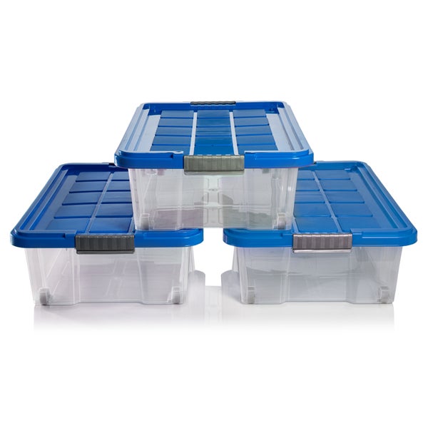 BigDean 3x Unterbettkommode Aufbewahrungsbox mit Deckel 25L azurblau 60x40x17,5cm - mit Rollen + Clipverschluss nestbar - Eurobox Aufbewahrungsbox Storage Box Bettkasten - Made in Germany