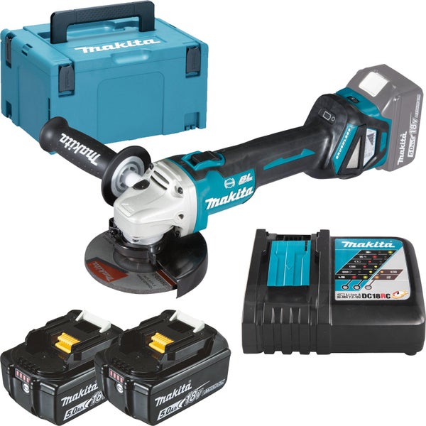 Makita DGA513RTJ Akku-Winkelschleifer Ø 125 mm 18 V / 2x 5,0 Akku + Ladegerät im Makpac