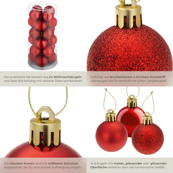 Set mit 24 roten Weihnachtskugeln aus Kunststoff mit matter, glänzender und glitzernder Oberfläche