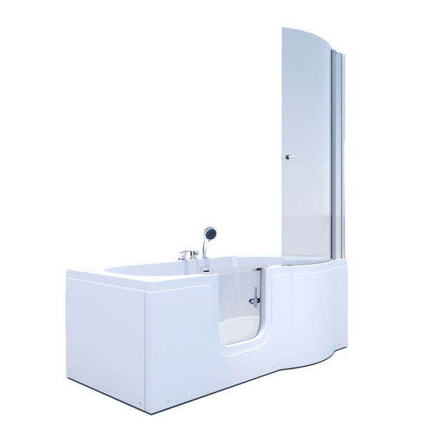 Installationsschema für eine Badewanne mit Duschwand und Abmessungen.