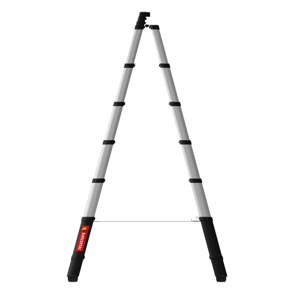 Telesteps Teleskop-Stehleiter aus Aluminium in A-Form, Telesteps Logo.