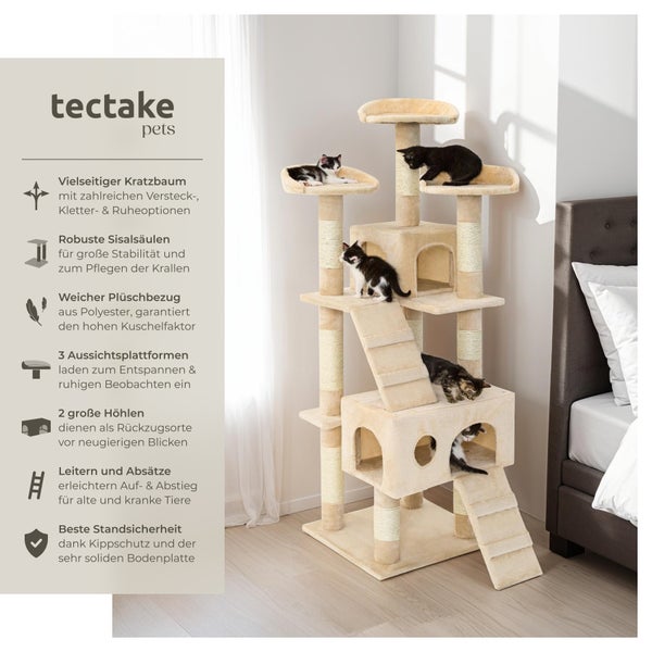 Beiger Katzenkratzbaum von tectake pets mit mehreren Katzen
