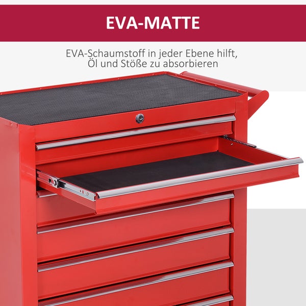 Roter Werkstattwagen mit schwarzen Schaumstoffmatten in den Schubladen und auf der Oberseite zur Stoßdämpfung und Absorption von Öl.