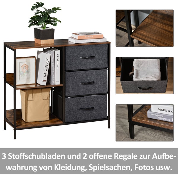 HOMCOM Kommode Aufbewahrungsschrank mit 3 Stoff-Schubladen, 2 offenen Regal, Kommodenschrank mit Metallrahmen für Schlafzimmer, Wohnzimmer Braun