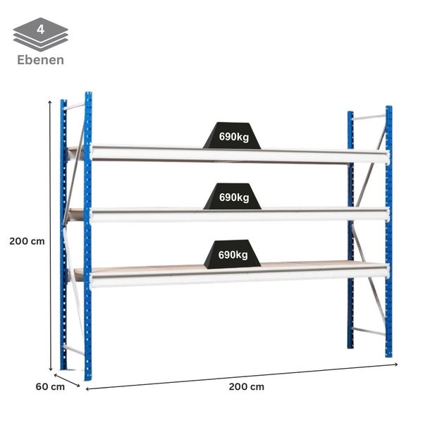 PROREGAL Weitspannregal Maximus Pro Grundregal HxBxT 200 x 200 x 60 cm 4 Ebenen Spanplatten Fachboden Fachlast 690 kg Lichtblau & Lichtgrau
