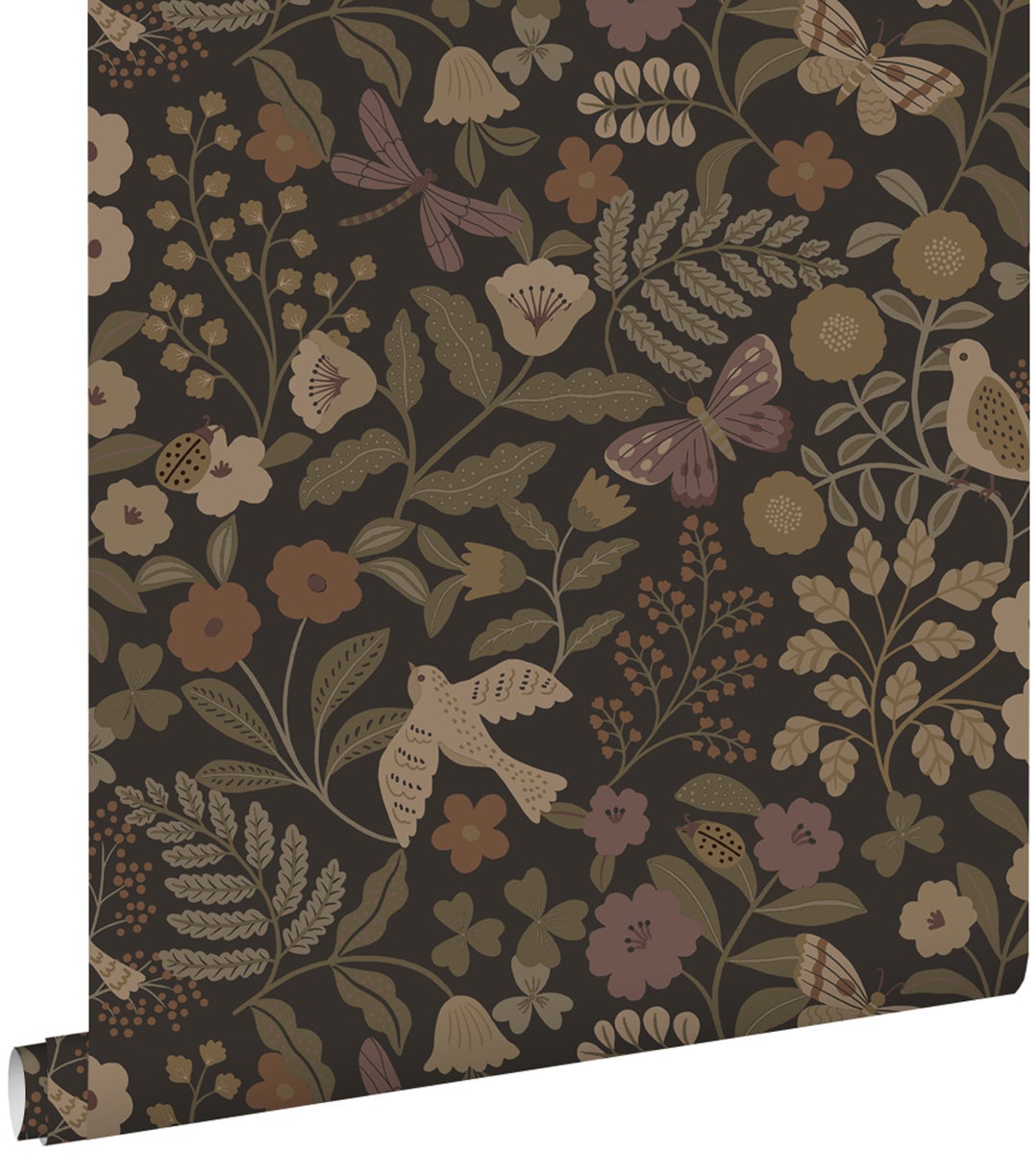 ESTAhome Tapete Blumen und Vögel Dunkelbraun, Olivgrün und Violett - 50 x 900 cm - 139872