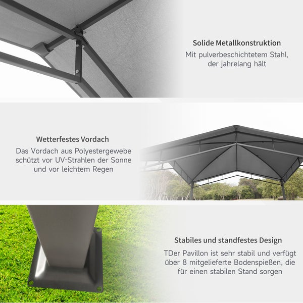 Detailansicht eines Pavillons: Solide Metallkonstruktion, wetterfestes Vordach und stabiles Design.