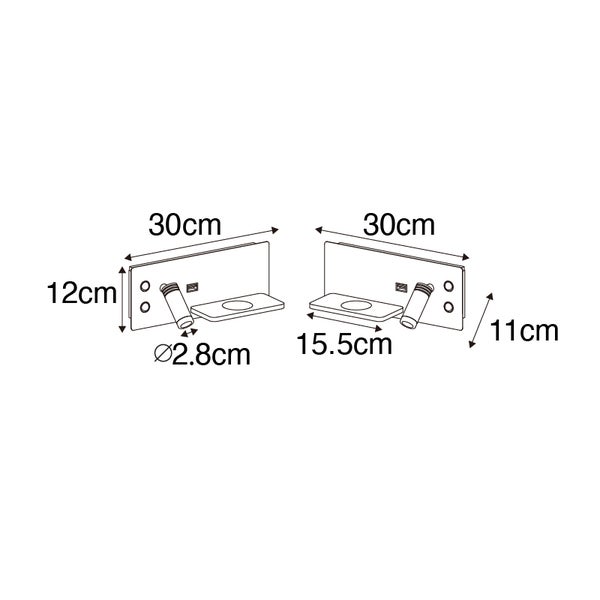 Technische Zeichnung einer Wandleuchte mit Ablage und Maßangaben.