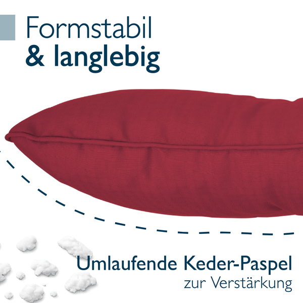 Detailansicht eines formstabilen und langlebigen Kissens mit einer umlaufenden Keder-Paspel zur Verstärkung des Stoffes.
