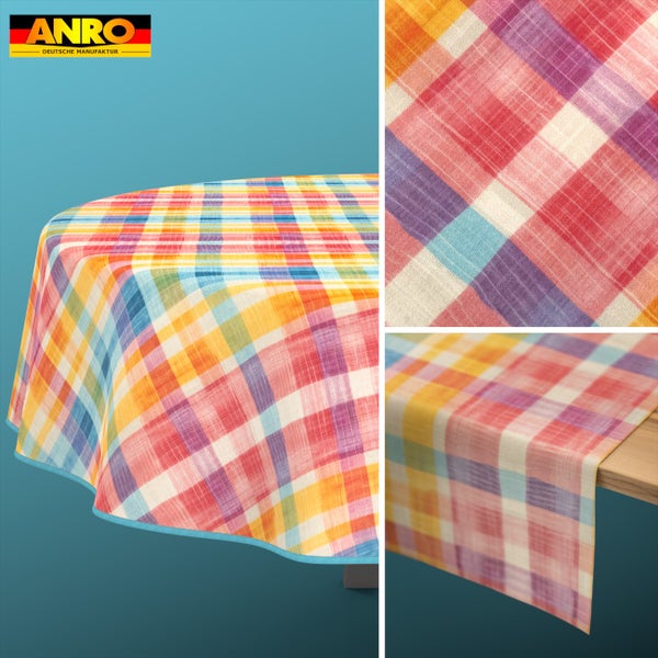 ANRO Logo. Bunte karierte Tischdecke mit Leinenoptik-Struktur, dargestellt als runde Tischdecke und Tischläufer auf einem Holztisch.