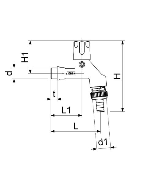 Maßzeichnung eines Auslaufventils mit Kennzeichnung der Abmessungen H, H1, L, L1, d, d1 und t für die Planung und Installation.