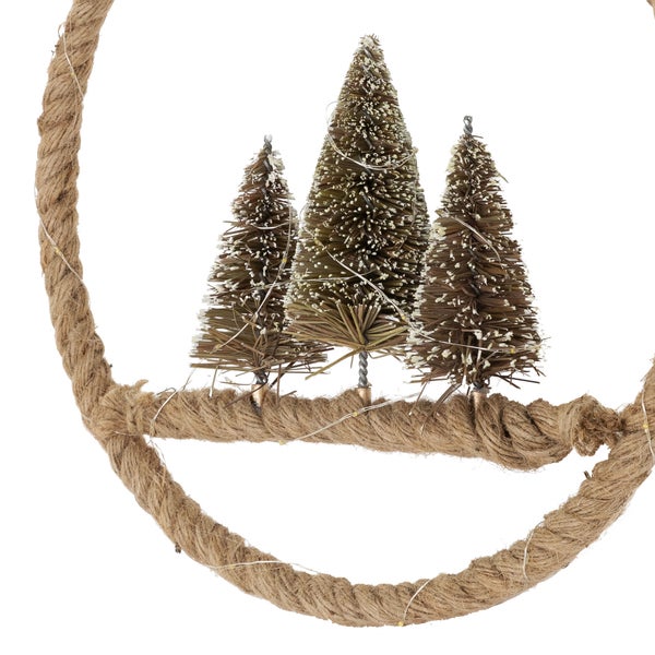 ECD Germany LED Jute Kranz Ø37cm mit 50 warmweißen LEDs, Deko Weihnachtskranz mit 3 Tannen, Jutesäckchen, batteriebetrieben und Timer, Hängekranz aus Seil, Lichterkranz Türkranz Weihnachtsdeko Innen