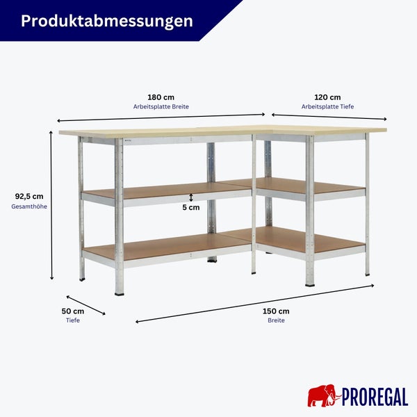 Technische Zeichnung der Produktabmessungen einer Eckwerkbank von Proregal mit Angaben zu Breite Tiefe und Gesamthöhe.