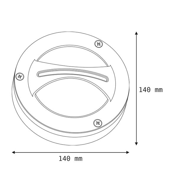 Maßzeichnung einer runden Außenleuchte mit einem Durchmesser von 140 Millimeter und einer Höhe von 140 Millimeter.